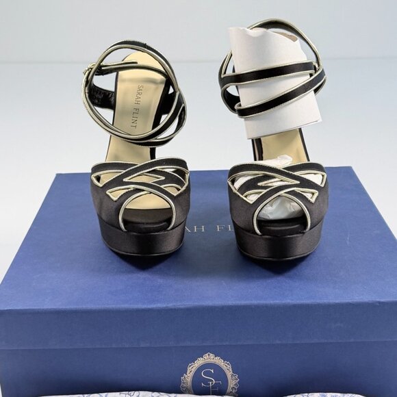 Sarah Flint Black Satin & Gold Mihaela 120mm platform Heels - Picture 1 of 13